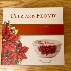 Vintage Fitz and Floyd Poinsettia Santa Merry Christmas Sentiment Bowl NWT 2014